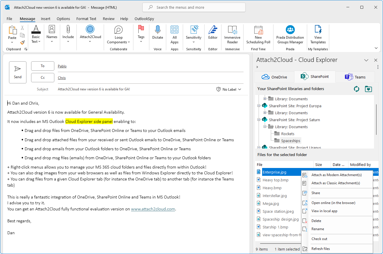 Cloud Explorer for MS Outlook - Right-click menus (on files)